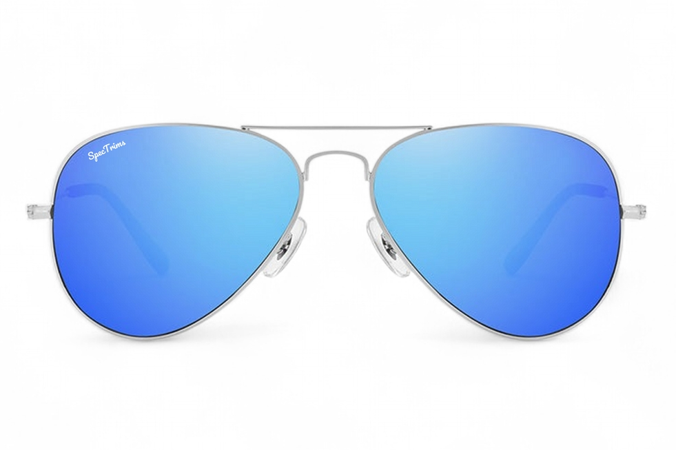 Silver aviator sunglasses with blue mirrored lenses, shown from the front on a white background.