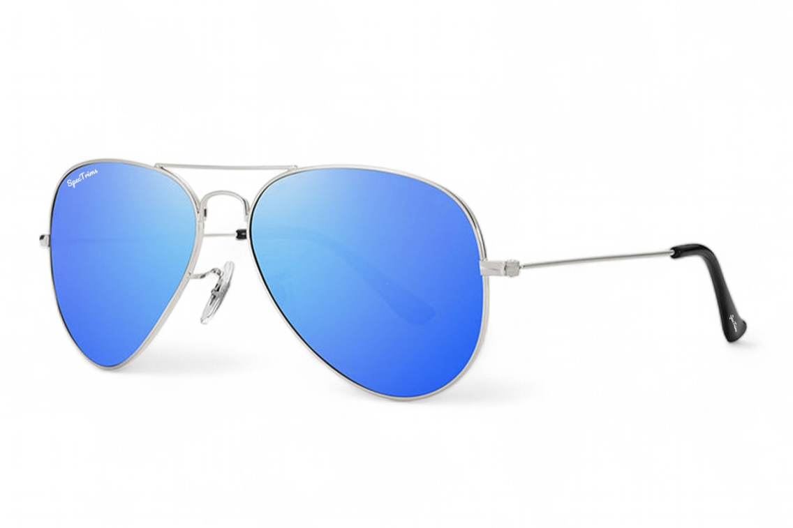 Silver aviator sunglasses with blue mirrored lenses, featuring the SpecTrims logo on the upper corner of the lens.