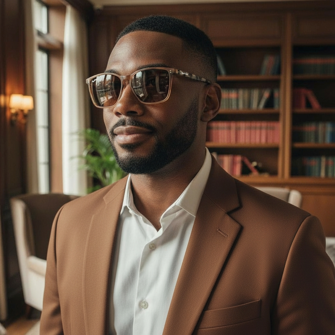 Man Wearing Brown Signature Dune Sunglasses In Study Room