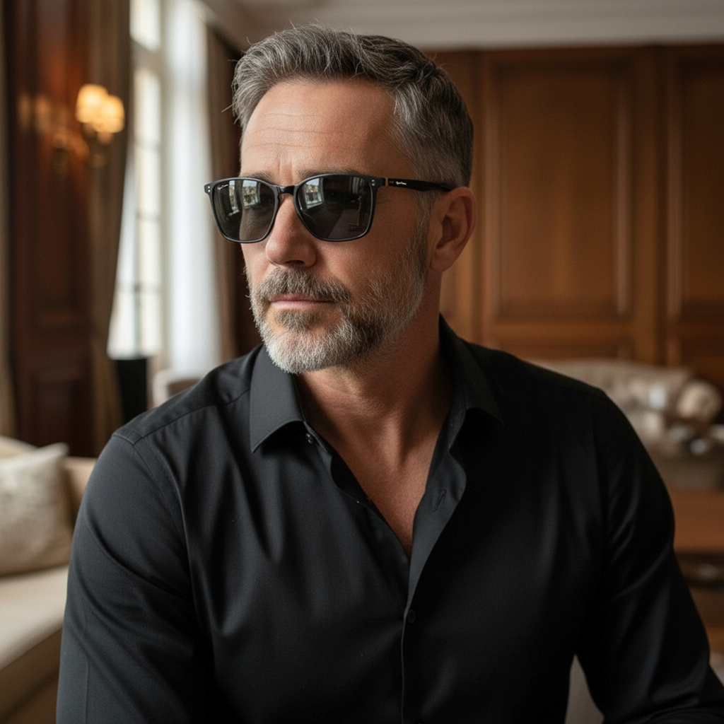 Man Wearing Black Signature Elegance Sunglasses Inside