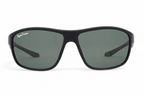 Black wrap-around sunglasses with dark green lenses, shown from the front on a white background. The brand name 'SpecTrims' is printed on the left temple arm.