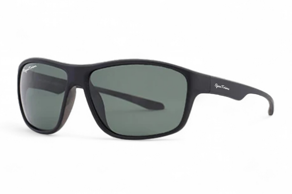 Black wrap-around sunglasses with dark gray-green lenses, shown from a three-quarters angle on a white background.