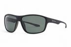 Black wrap-around sunglasses with dark gray-green lenses, shown from a three-quarters angle on a white background.