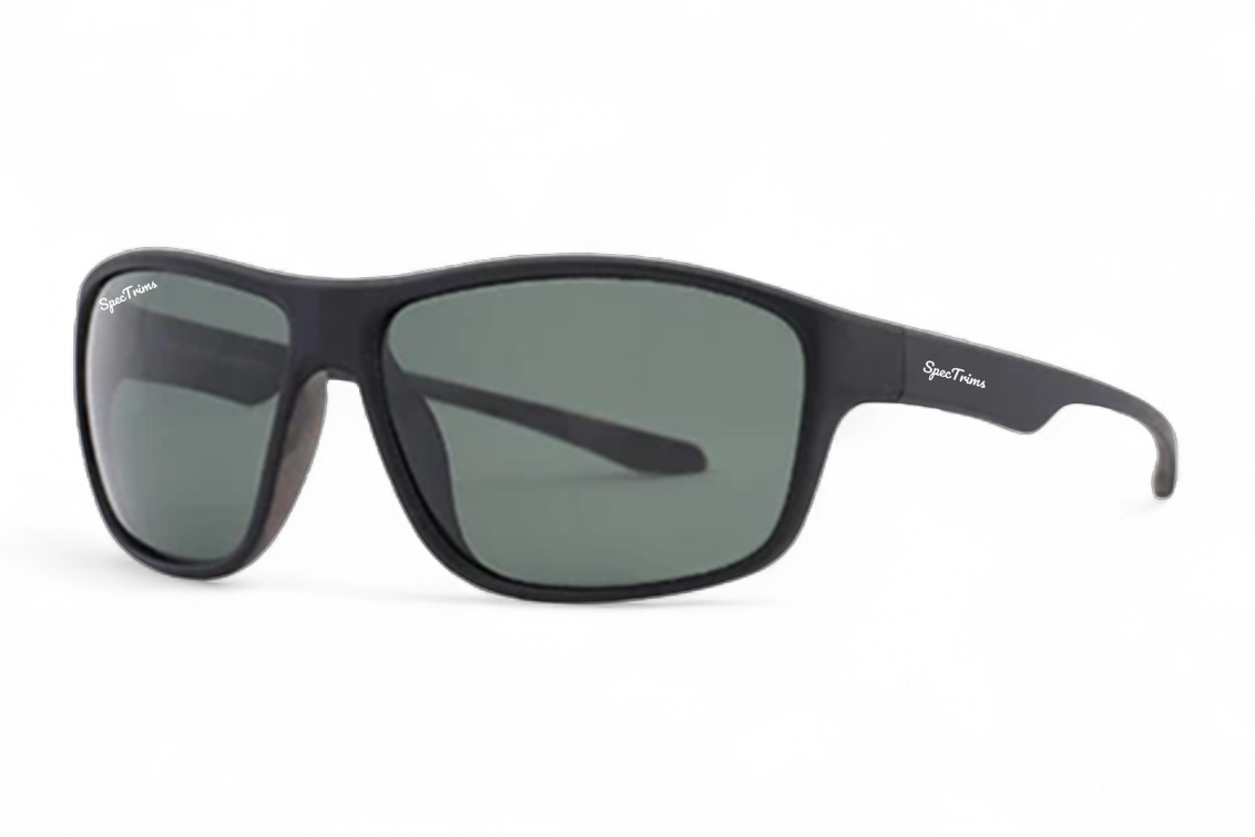 Black wrap-around sunglasses with dark gray-green lenses, shown from a three-quarters angle on a white background.