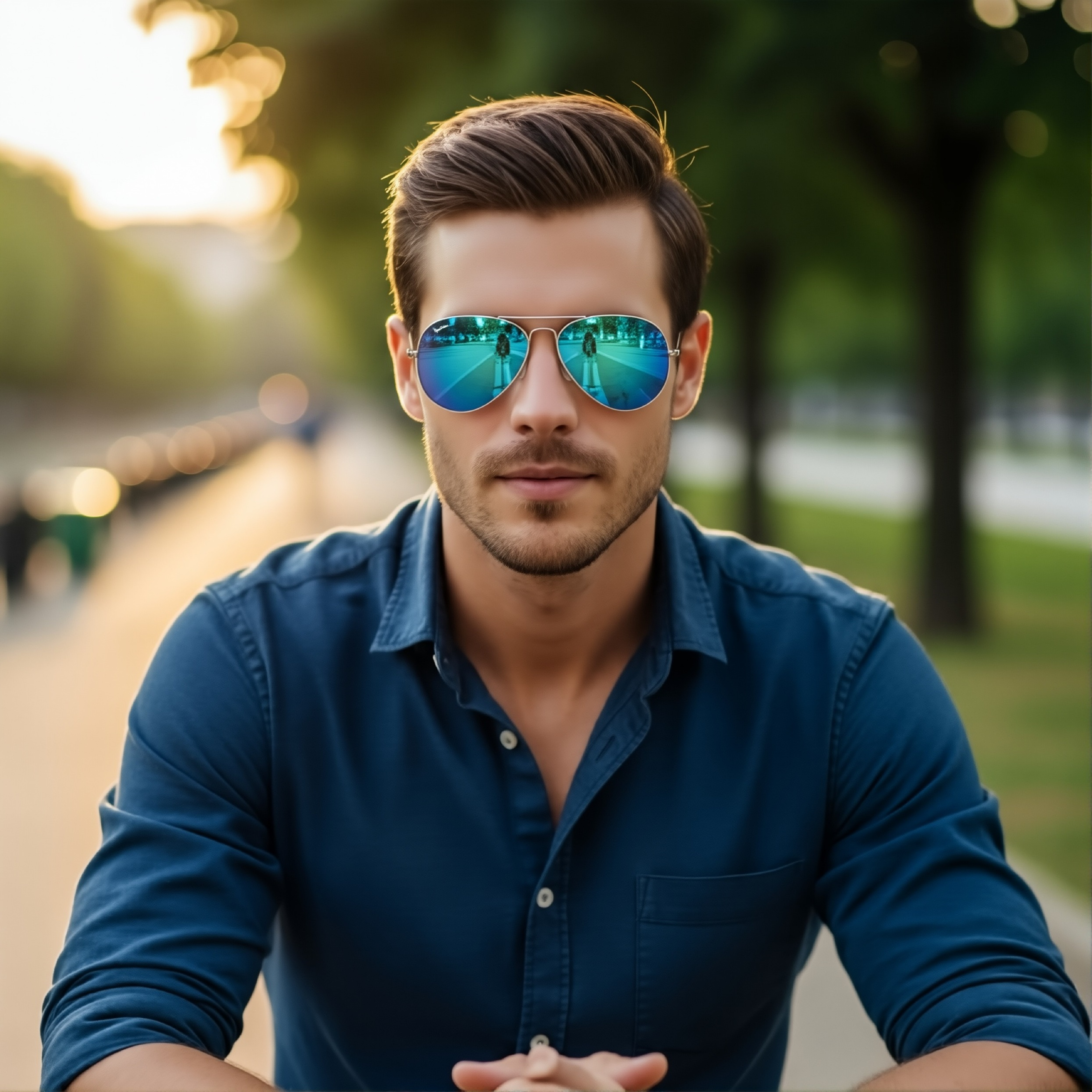 Male Model Wearing Silver Frame Blue Lens Sky Aviator Sunglasses