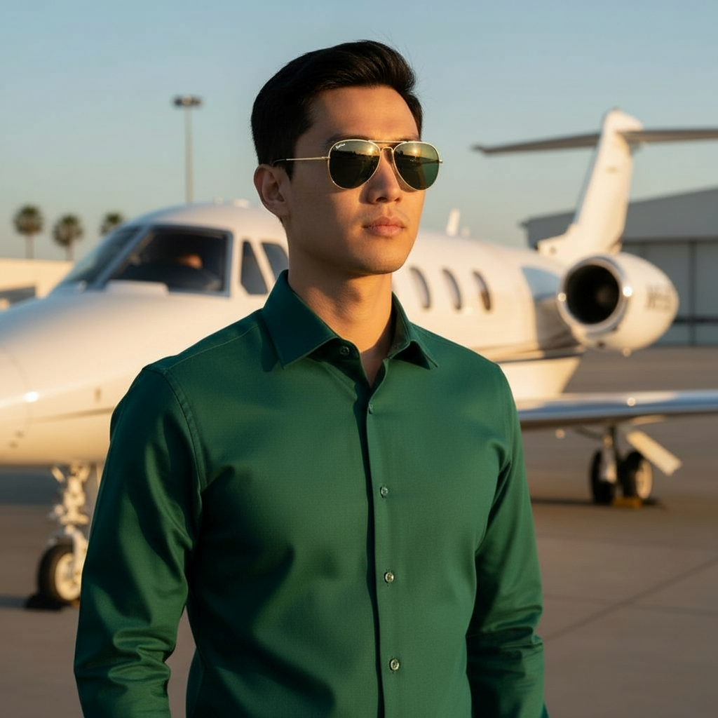 Man Wearing Gold Frame Green Lens Pilot Aviator Sunglasses