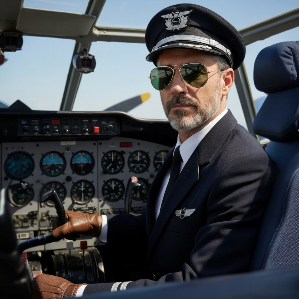 Pilot Wearing Gold Frame Green Lens Aviator Sunglasses
