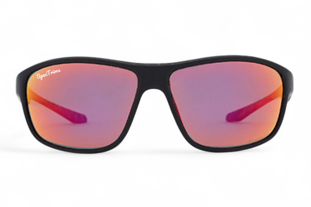 SpecTrims sunglasses with a matte black frame and mirrored pink, purple, and orange lenses, shown against a plain white background.