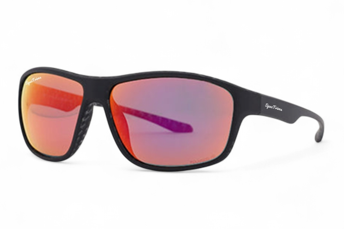 Sport sunglasses with a matte black frame and mirrored red-orange lenses, shown on a clean white background.