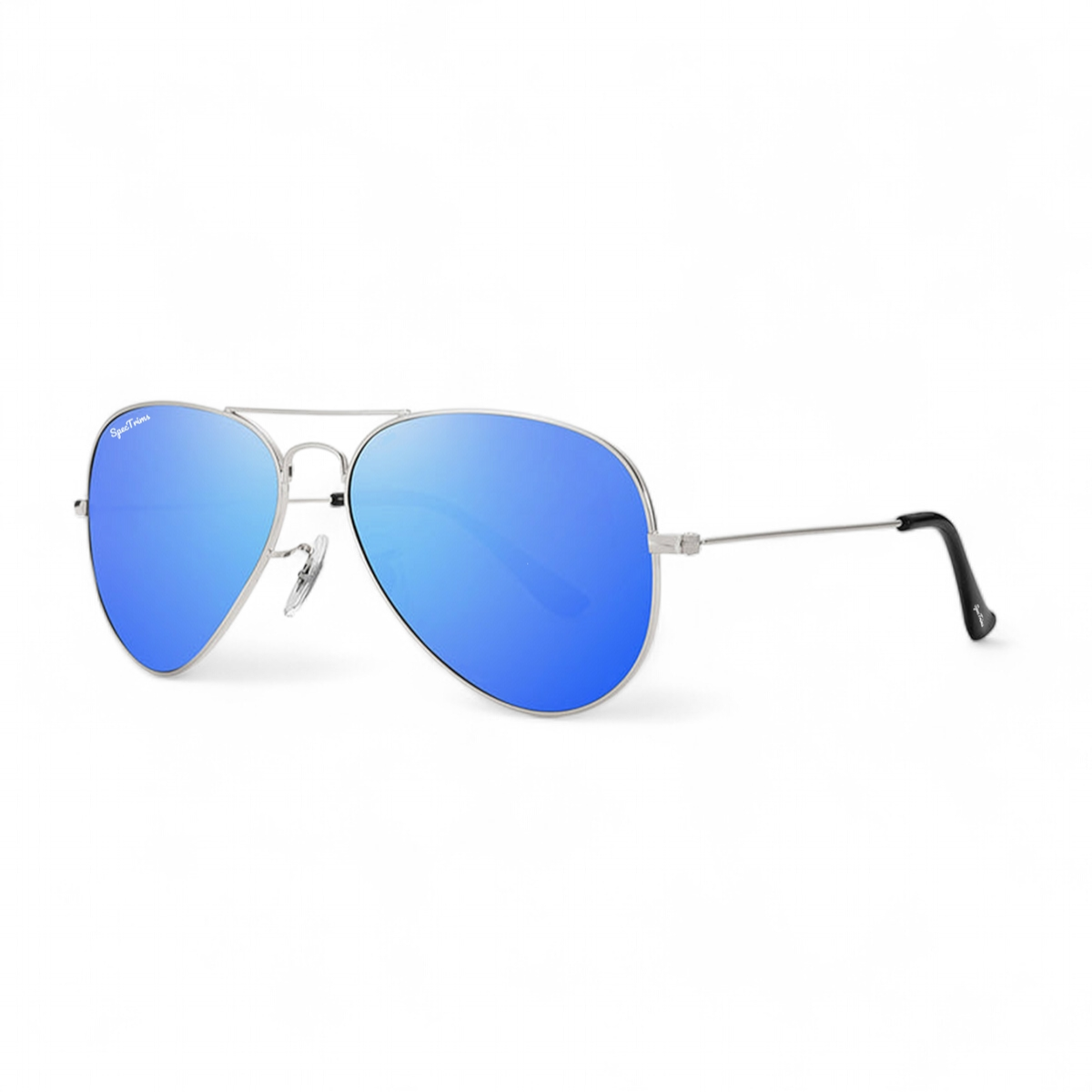 Silver Frame Blue Lens Sky Aviator Sunglasses Side View