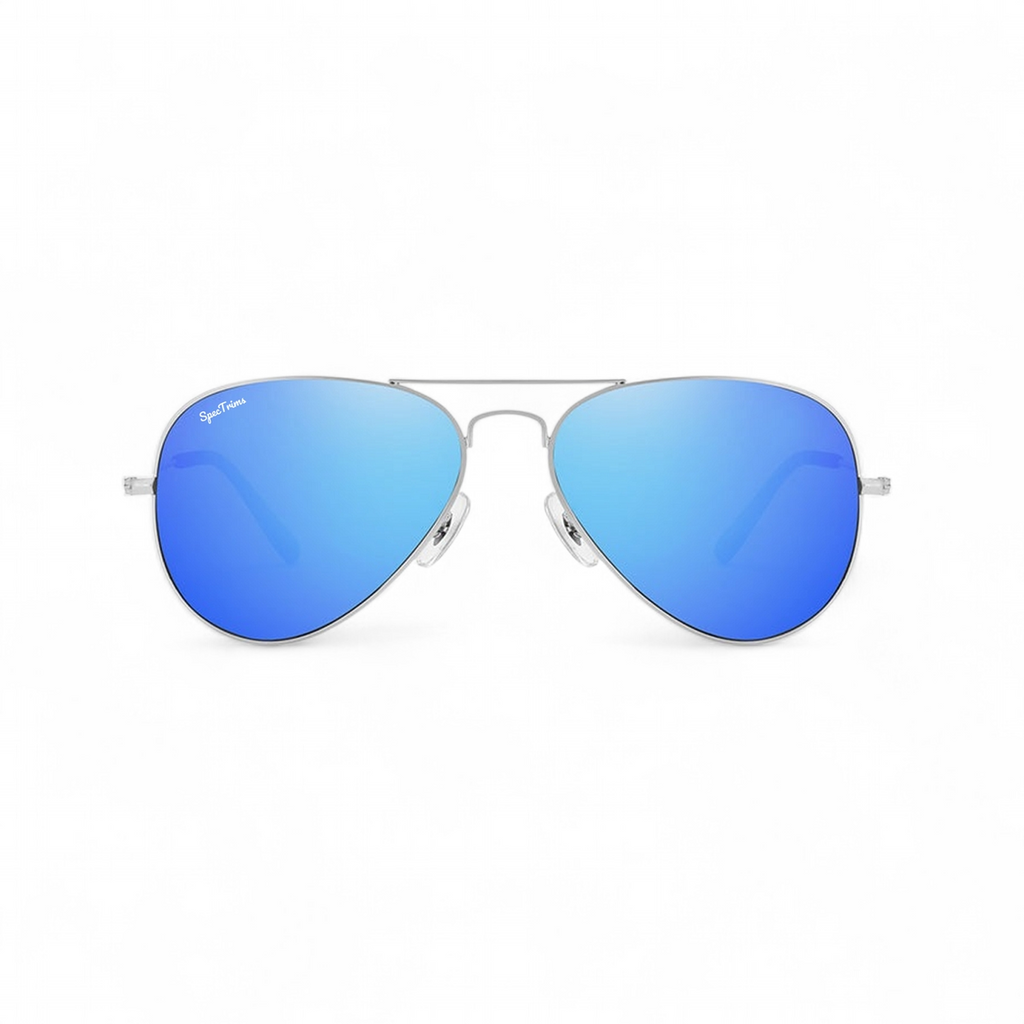 Silver Frame Blue Lens Sky Aviator Sunglasses Front View