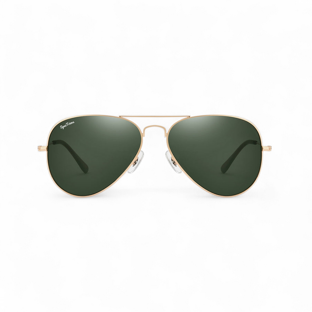 Gold Frame Green Lens Pilot Aviator Sunglasses Front View
