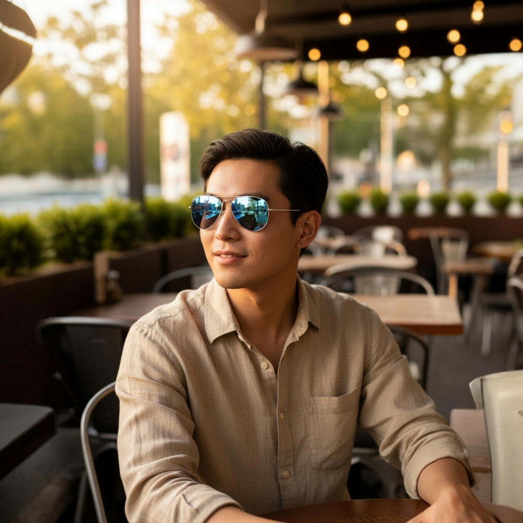Man Wearing Silver Frame Blue Lens Sky Aviator Sunglasses