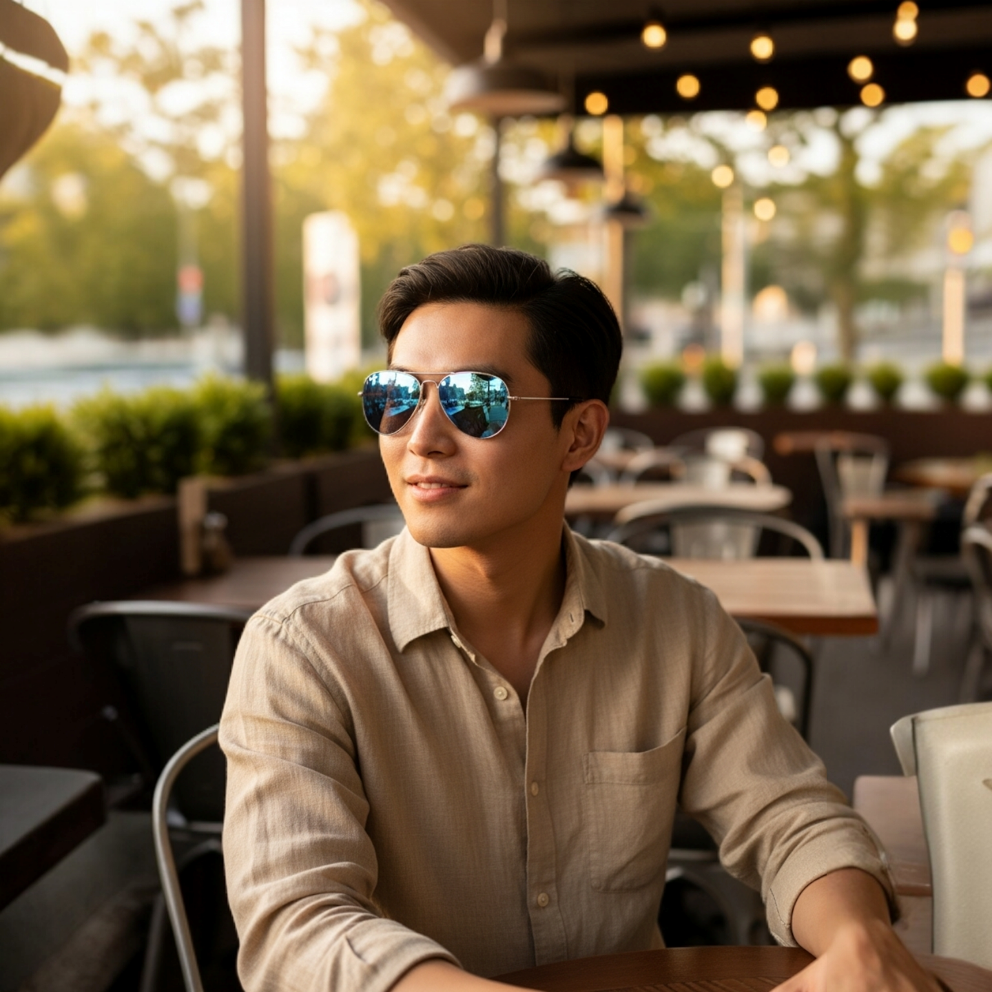 Man Wearing Silver Frame Blue Lens Sky Aviator Sunglasses