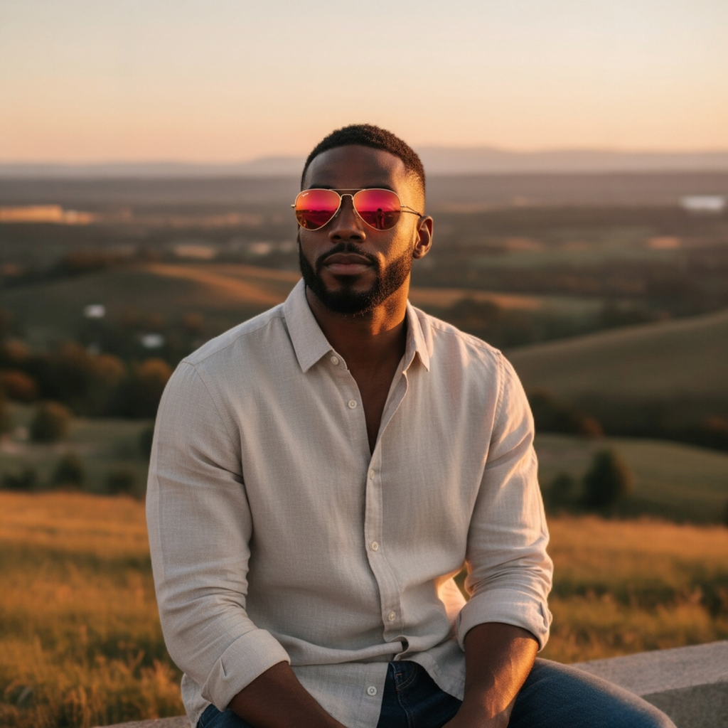 Man Wearing Gold Frame Red Lens Sunset Aviator Sunglasses On Hills