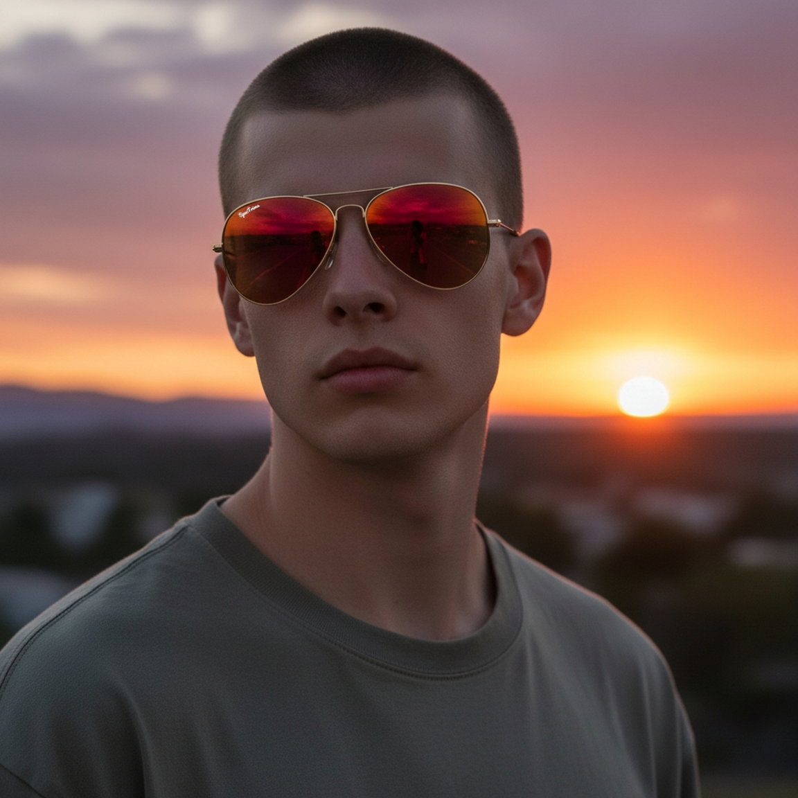 Man Wearing Gold Frame Red Lens Aviator Sunglasses With Sunset In Background